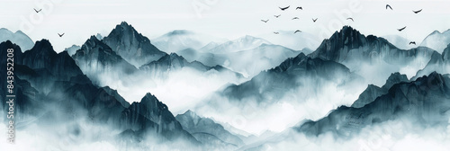 Serene mountain peaks with migrating birds photo