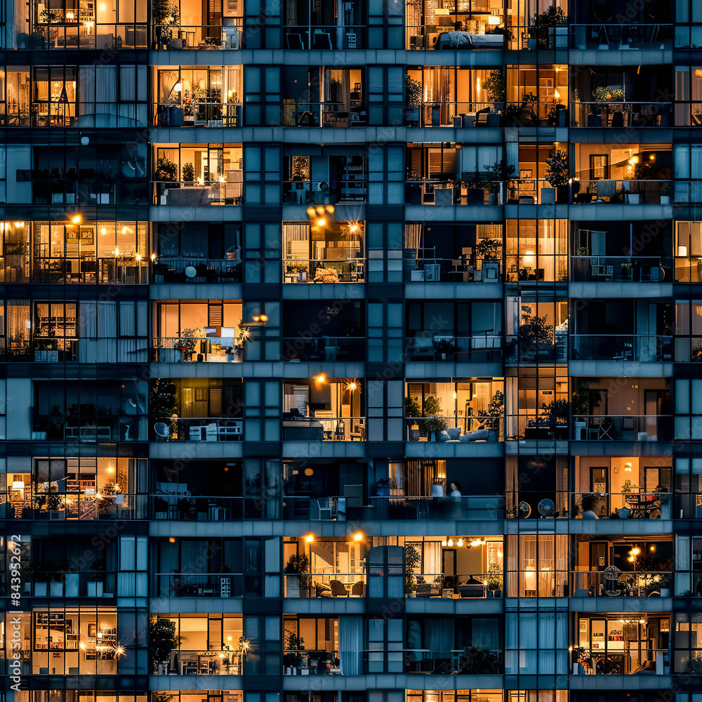 Seamless pattern of the facade of a modern high-rise building with balconies, windows and loggias at night Seamless pattern of the facade of a modern high-rise building with balconies, windows and loggias at night