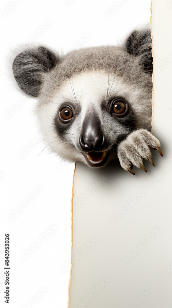 Minimalist card with a curious lemur peeking out from behind a sheet of torn paper Minimalist card with a curious lemur peeking out from behind a sheet of torn paper