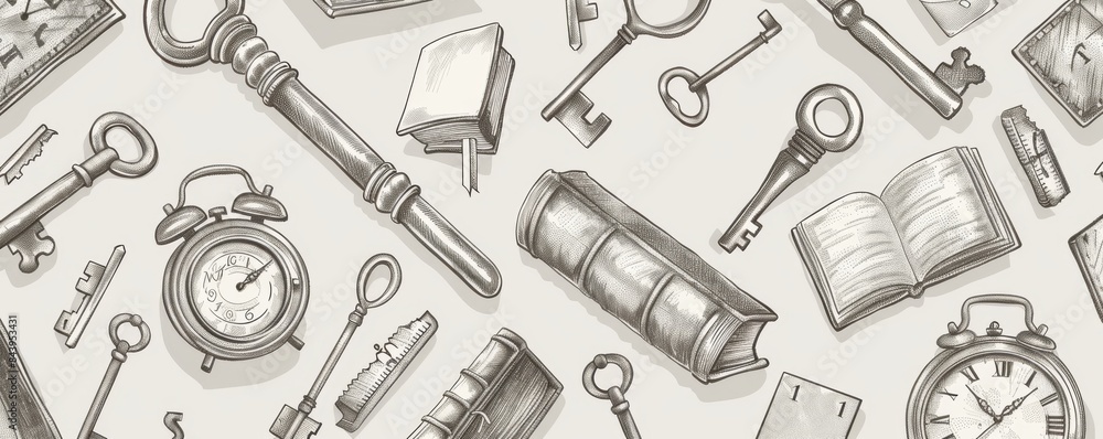 Antique keys and books forming a seamless pattern for mystery and knowledge Antique keys and books forming a seamless pattern for mystery and knowledge