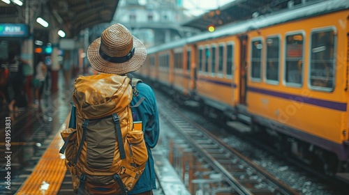 Back view of a tourist wearing a hat and backpack waiting for a yellow train at a train station, train arrivals can be seen in the background. © meta
