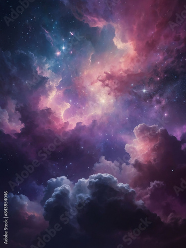 Dreamy presentation background showcasing abstract starlight, pink, and purple clouds intertwined with stardust, evoking a sense of magic and wonder. © xKas