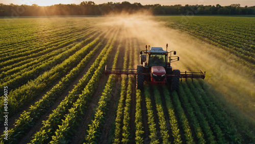 Drone perspective capturing a tractor spraying pesticides over a lush soybean field at sunset.