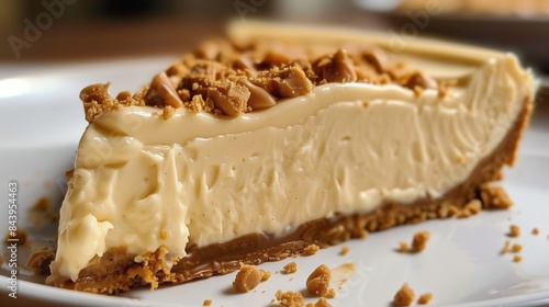 closeup of creamy cheesecake slice with crumbly crust on a white plate photo