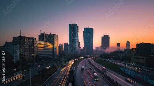 urban sunset with busy highway traffic and modern skyscrapers in downtown city area during evening