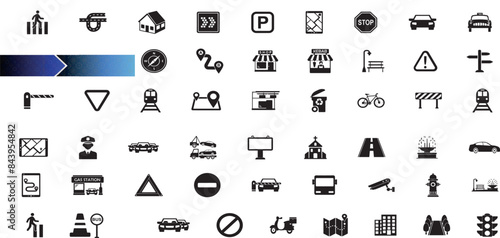 Road line icon set. Road sign, fence, highway, highway and car traffic.