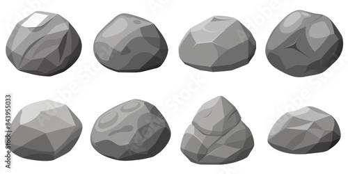 Rock stone set cartoon. Cobble stone game objects. Three dimensional stones and rocks element, isometric 3d flat style. Mountain grey stones. Vector grey rock stone, isolated on white background. 