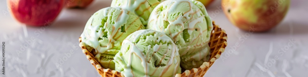 Summer ice cream delight with green apple scoops in a waffle cone, perfect for copy space for text Summer ice cream delight with green apple scoops in a waffle cone, perfect for copy space for text