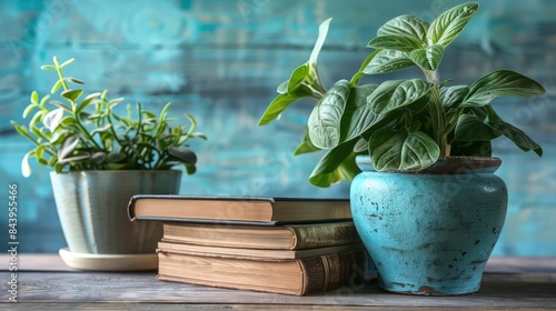 potted plant on a wooden table with book and plant.