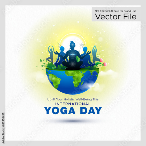 Greeting of International Yoga Day 2024 June 21st. People practicing body wellness fitness and stretch exercise.