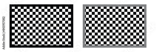 Set of geometric frames with checkered print isolated on white background. Oval and square forms with black and white checkerboard, rally flag or chess game plane pattern. 