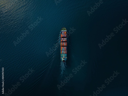 Top view of a cargo ship with colorful containers sailing in the dark blue sea