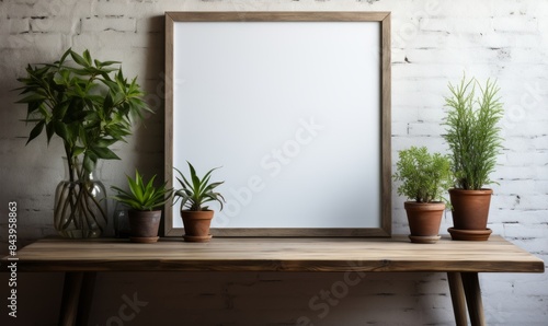 White empty frame with flowers and plants on a wooden table.