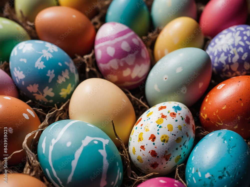 Easter celebration comes to life with a colorful display of eggs creating a vibrant background. Easter celebration comes to life with a colorful display of eggs creating a vibrant background.
