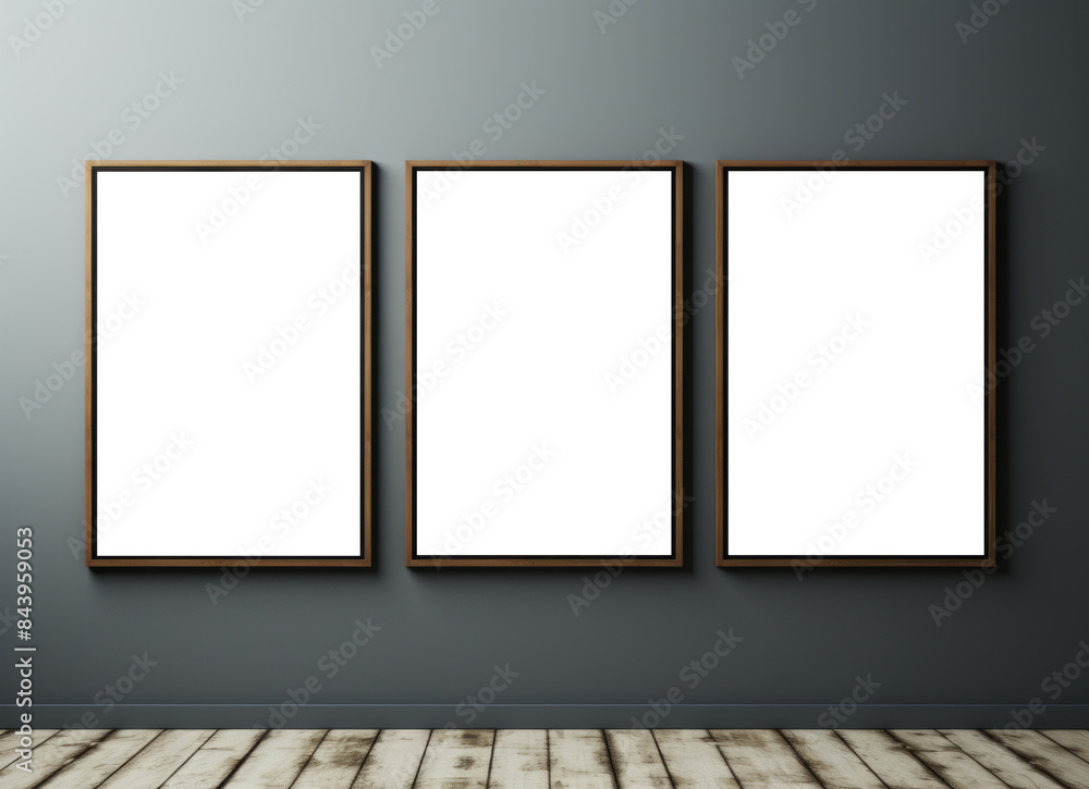 Three empty picture frames hanging on a gray wall. Three empty picture frames hanging on a gray wall.