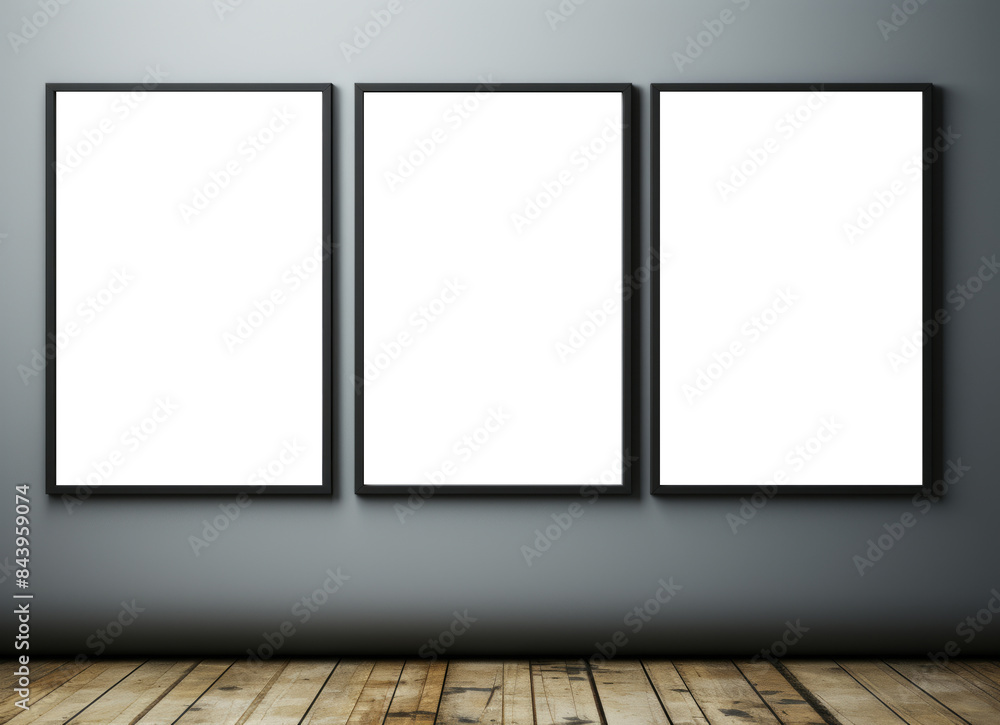 Three empty picture frames hanging on a gray wall. Three empty picture frames hanging on a gray wall.