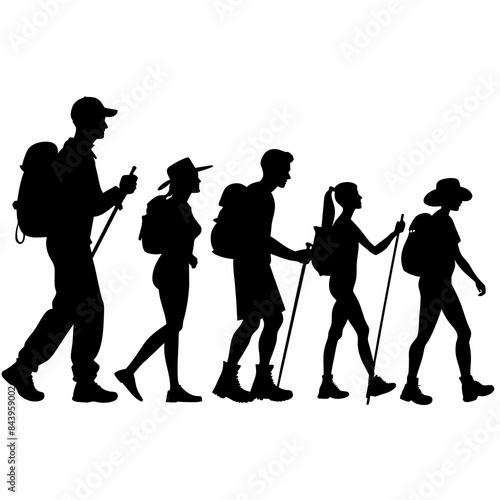 Vector silhouette of accurate, realistic people at trekking men and women on white background