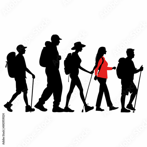 Vector silhouette of accurate, realistic people at trekking men and women on white background