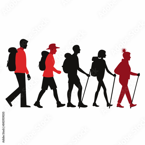 Vector silhouette of accurate, realistic people at trekking men and women on white background