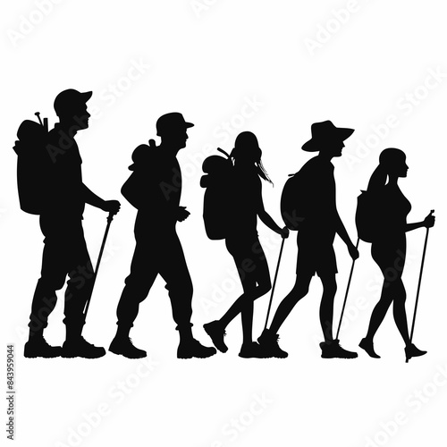Vector silhouette of accurate, realistic people at trekking men and women on white background