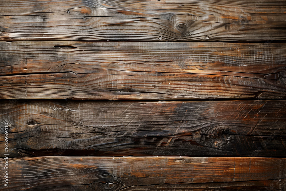 Naklejka premium A wooden surface with a dark brown color. The wood appears to be weathered and has a rustic feel to it. The surface is covered in small holes and has a rough texture