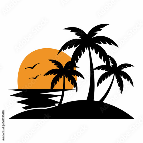 Beach with palms tree black silhouette and morning sun  vector T-Shirt Design on white background