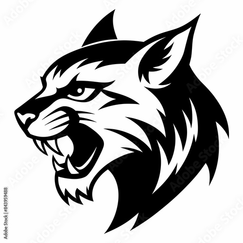 Bobcat angry head side view, vector silhouette, white background 