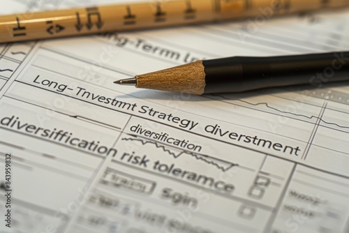 A checklist titled "Long-Term Investment Strategy" with items like "diversification" and "risk tolerance" checked off, signifying a well-defined plan. 