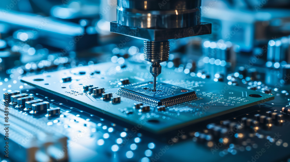 High-precision machinery assembling microchips on a circuit board, showcasing the intricacies of modern electronics manufacturing High-precision machinery assembling microchips on a circuit board, showcasing the intricacies of modern electronics manufacturing