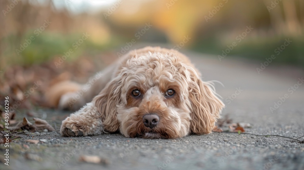Poppy dog is lying on the ground a cockapoo is a crossbreed of an English Cocker Spaniel and a poodle with lengthy fur Poppy dog is lying on the ground a cockapoo is a crossbreed of an English Cocker Spaniel and a poodle with lengthy fur