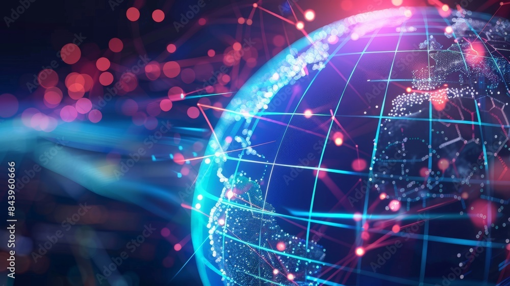 A glowing blue and pink digital globe with interconnected lines representing global communication and network. A glowing blue and pink digital globe with interconnected lines representing global communication and network.