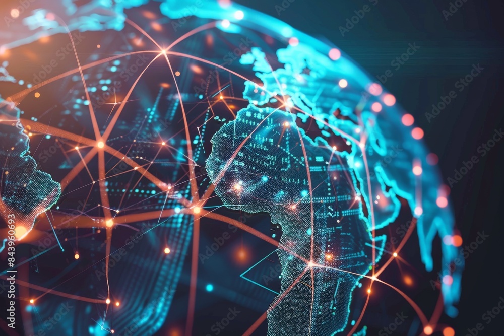 A glowing blue and red digital globe with interconnected lines representing global network. A glowing blue and red digital globe with interconnected lines representing global network.