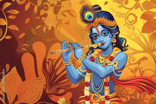 elegant design of God Krishna playing flute on Happy Janmashtami festival background of India