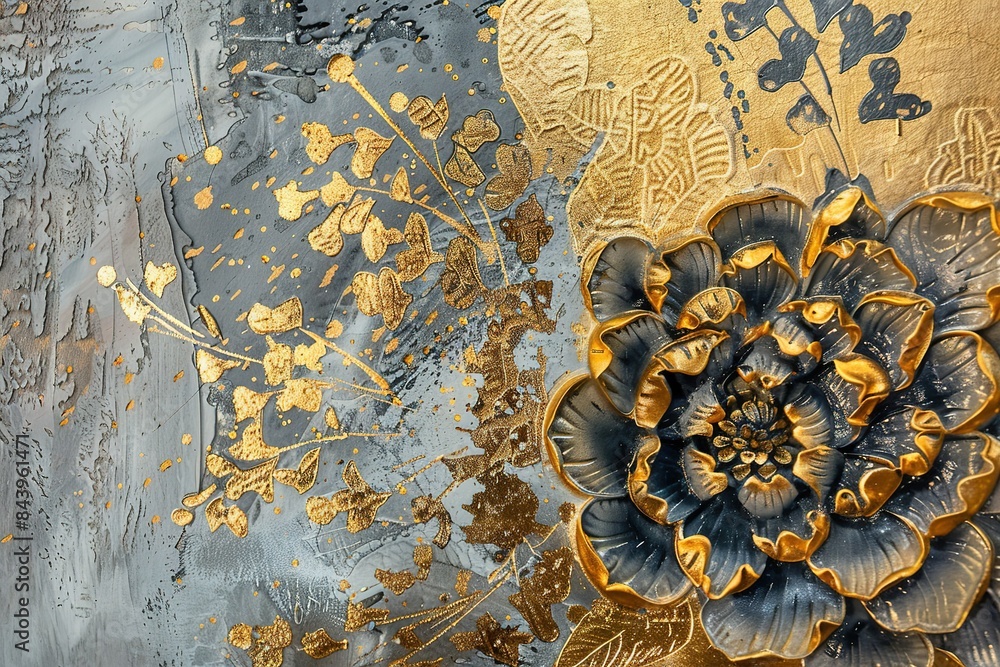 Obraz premium contemporary gold painting of modern conceptual figurative vase of flower. The texture of the oriental style of gray and gold canvas with an modern conceptual pattern. artist canvas art collection