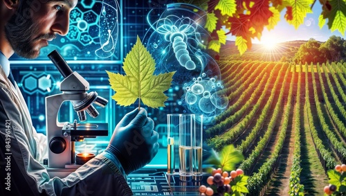 A researcher examines a vine leaf for fungal diseases using a microscope in a high-tech lab, with a vineyard in the background. The image highlights scientific research, technology, and viticulture. photo