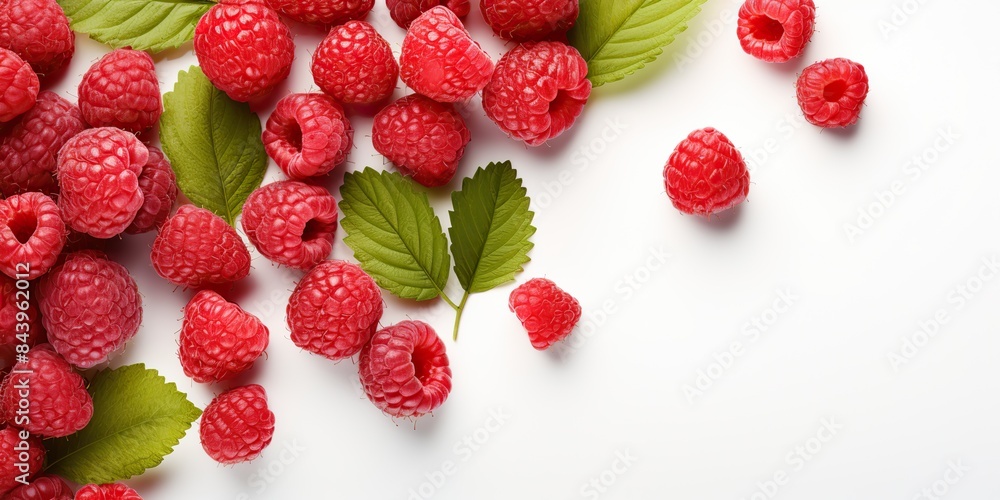 Many raspberry berries with leaves on a blank empty white space mock up decoration background Many raspberry berries with leaves on a blank empty white space mock up decoration background