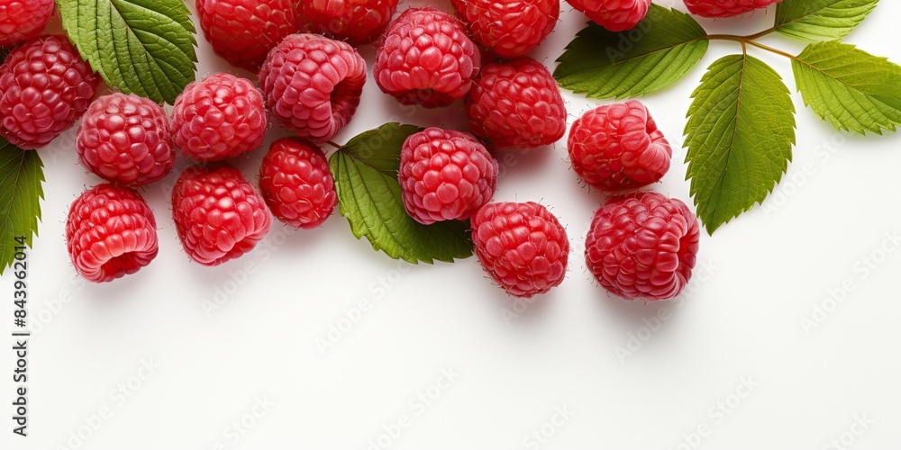 Many raspberry berries with leaves on a blank empty white space mock up decoration background Many raspberry berries with leaves on a blank empty white space mock up decoration background
