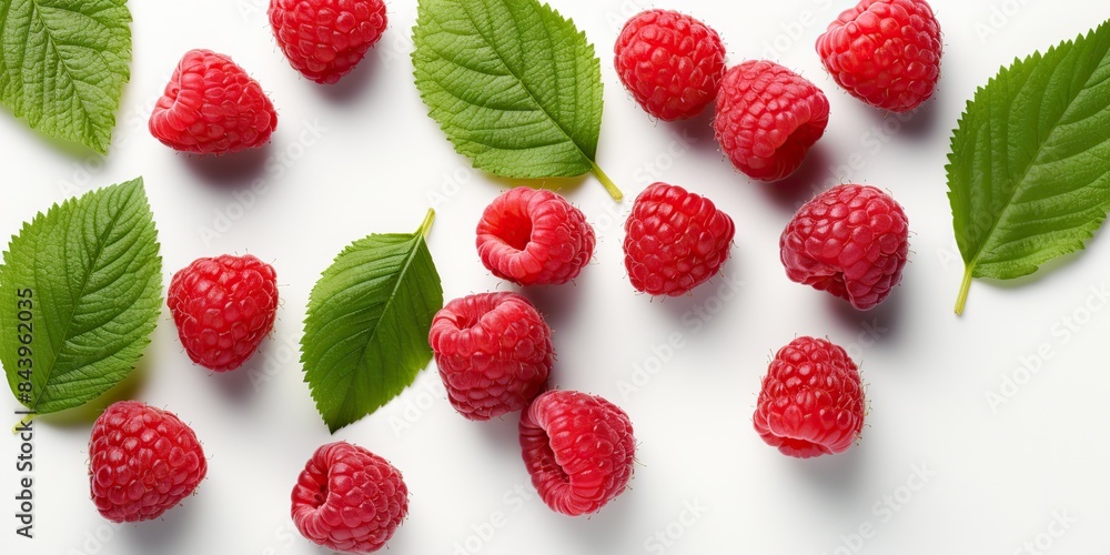 Many raspberry berries with leaves on a blank empty white space mock up decoration background Many raspberry berries with leaves on a blank empty white space mock up decoration background