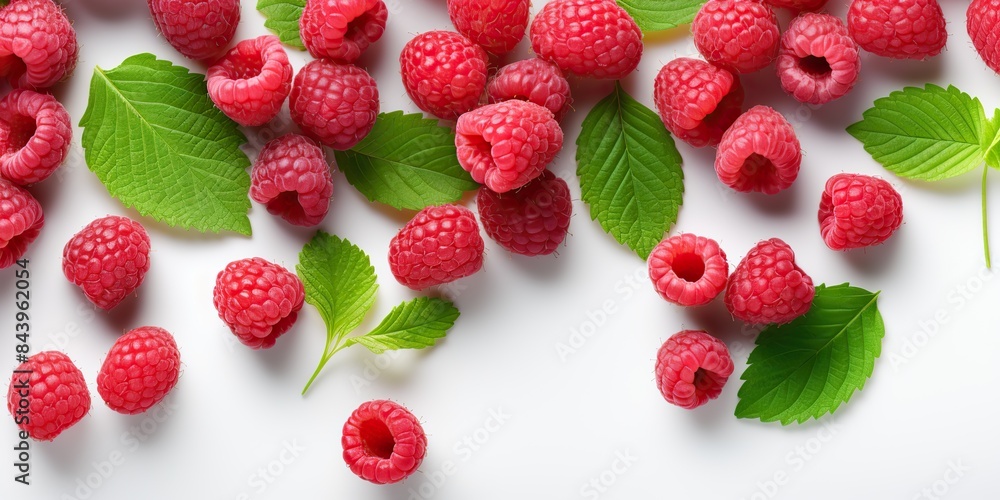 Many raspberry berries with leaves on a blank empty white space mock up decoration background Many raspberry berries with leaves on a blank empty white space mock up decoration background