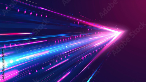 A digital 3D illustration featuring neon blue and pink arrows moving at high speed against a dark background. The dynamic and futuristic composition evokes a sense of motion and modern technology
