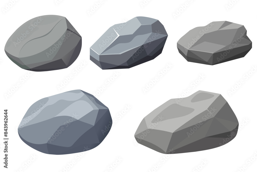 Naklejka premium Rock stone set cartoon. Cobble stone game objects. Three dimensional stones and rocks element, isometric 3d flat style. Mountain grey stones. Vector grey rock stone, isolated on white background. 