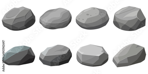 Rock stone set cartoon. Cobble stone game objects. Three dimensional stones and rocks element, isometric 3d flat style. Mountain grey stones. Vector grey rock stone, isolated on white background. 