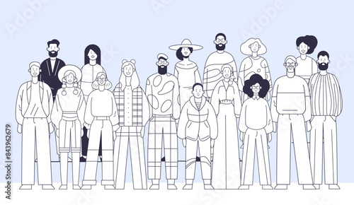 Diverse group of people standing together minimalistic line art style various outfits and hairstyles modern fashion community concept