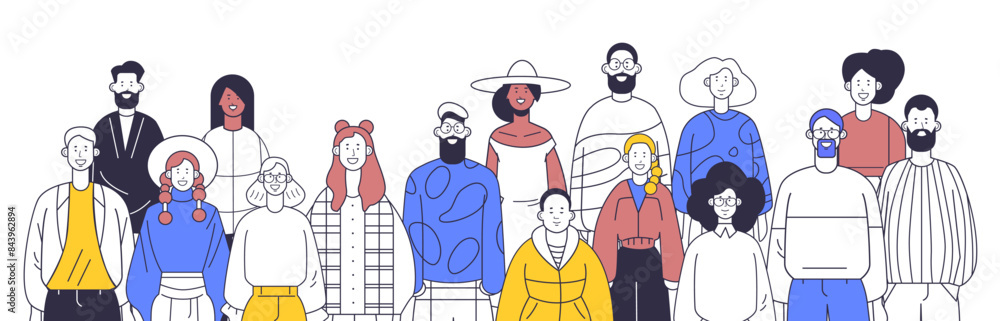Diverse group of people various ages and styles standing together colorful clothing simple line art minimalistic design Diverse group of people various ages and styles standing together colorful clothing simple line art minimalistic design