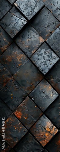 Abstract pattern of dark grey and rusty tiles arranged in a diamond shape.