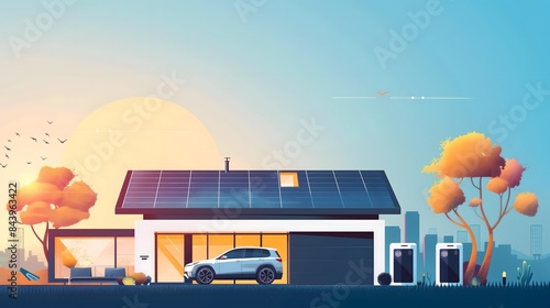 A house with a solar panel on the roof and a car parked in the driveway