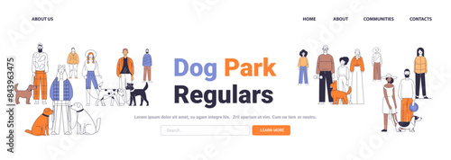 Dog park scene with diverse people and various breeds of dogs colorful modern flat style community gathering outdoor activity pet owners