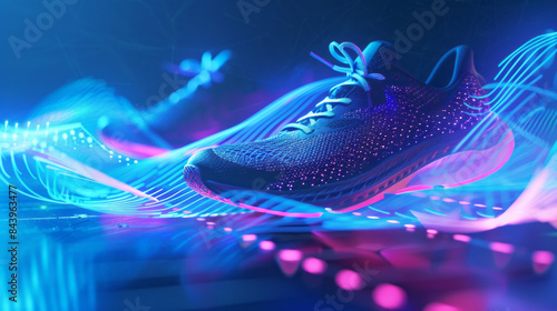 Close-up of a sneakered foot on a treadmill, with glowing digital elements suggesting fitness tracking, running, and technology integration in exercise
