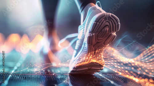 Close-up of a sneakered foot on a treadmill, with glowing digital elements suggesting fitness tracking, running, and technology integration in exercise