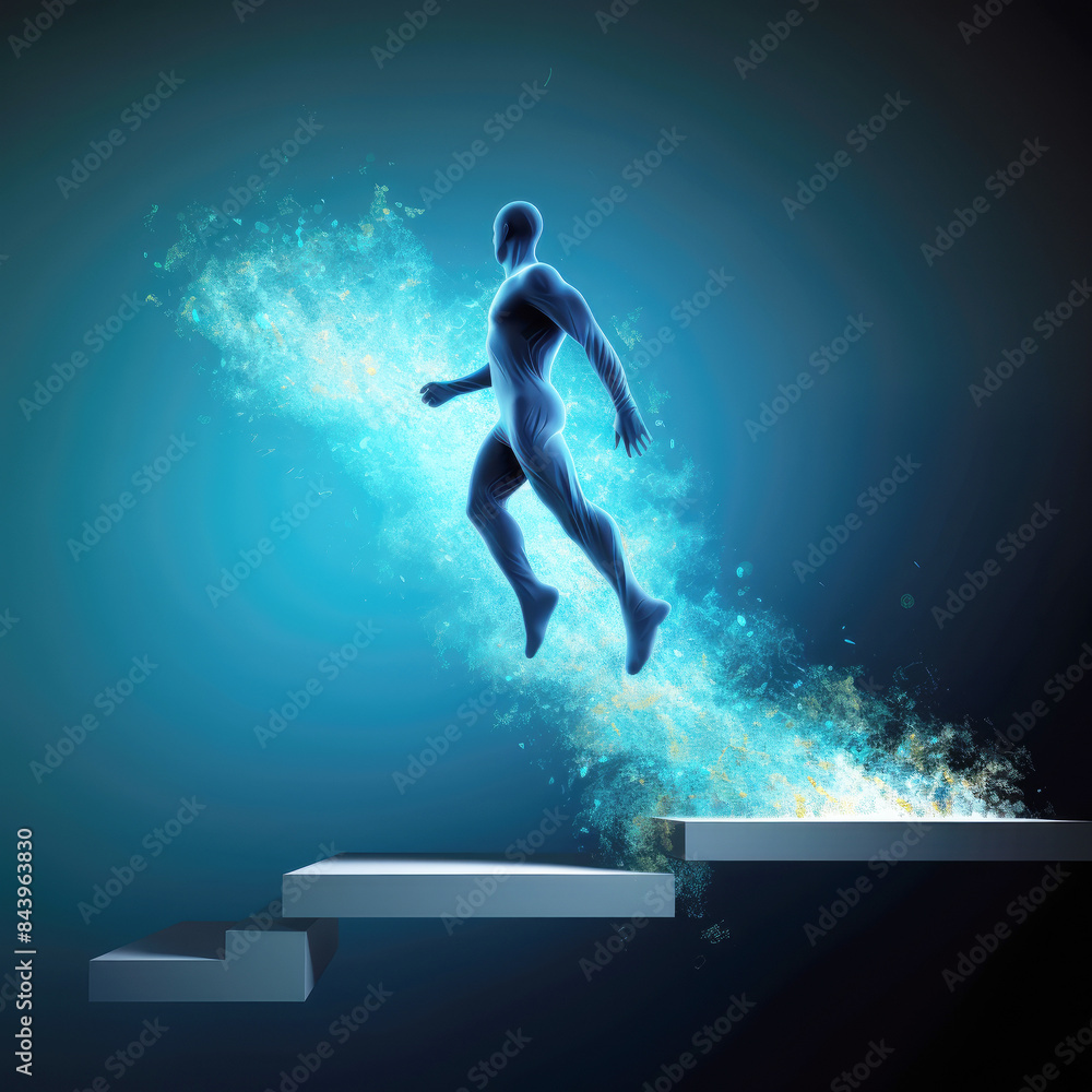 generated illustration of businessman running and jumping on bar chart generated illustration of businessman running and jumping on bar chart
